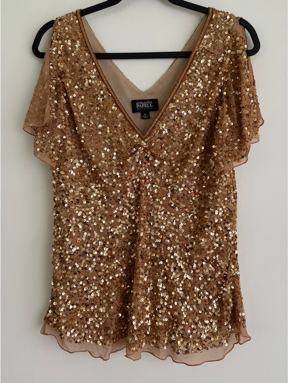 Adrianna Papell 100% Silk Top XL Gold Sequin Beaded Cold Shoulder Blouse Tunic